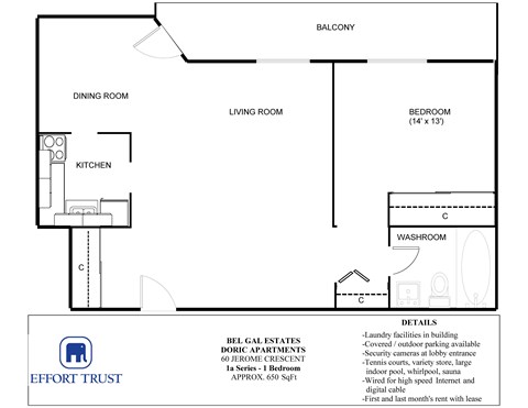 A floor plan for an apartment with a kitchen, living room, dining room, bedroom, and washroom.